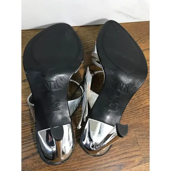 Zara Silver Metallic Strappy Slip On Heels US 7.5 / EUR 38 - Picture 12 of 14